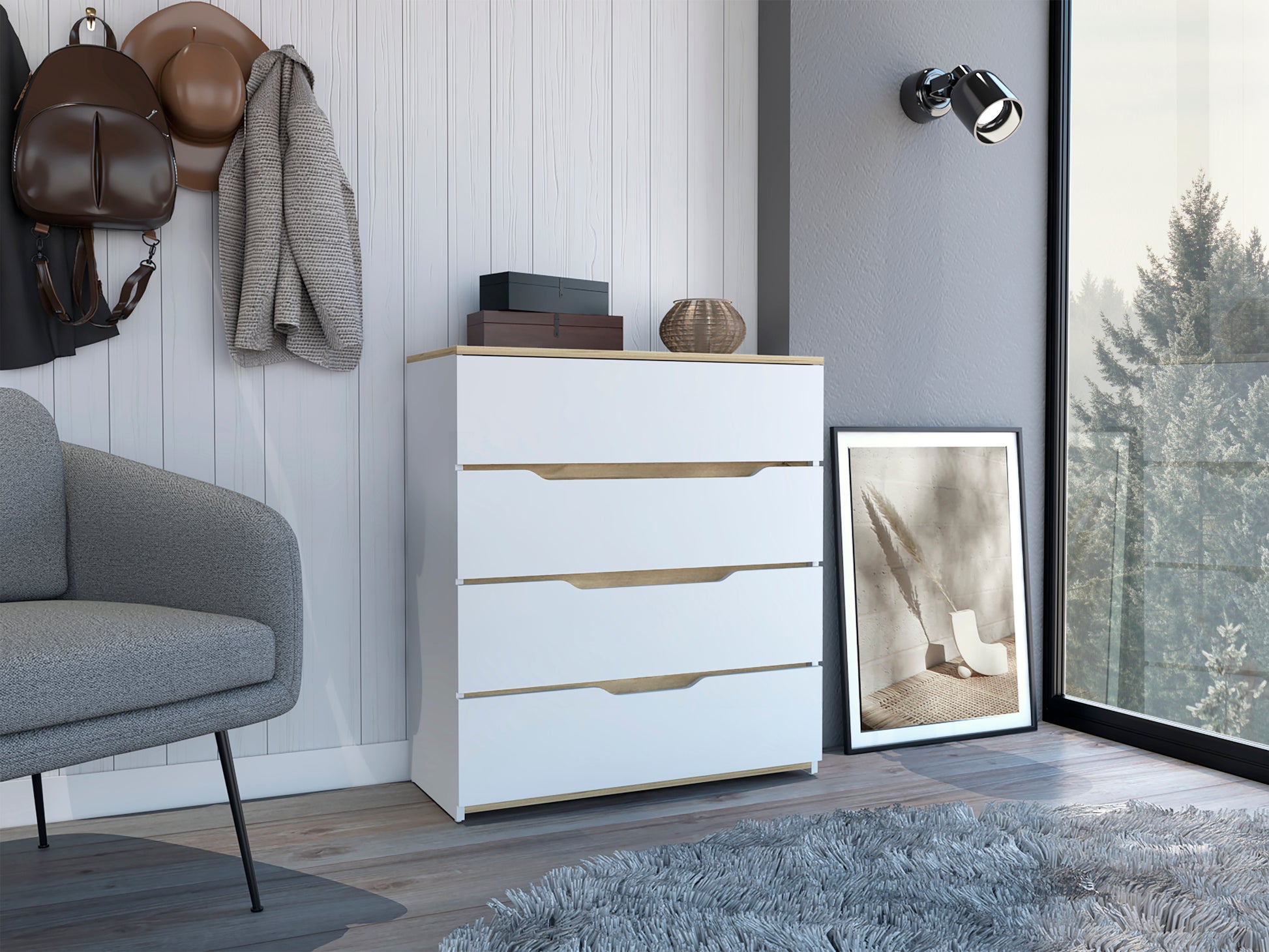 Dresser Oboe, Superior Top, Four Drawers, White Light Oak Finish White Light Oak Particle Board