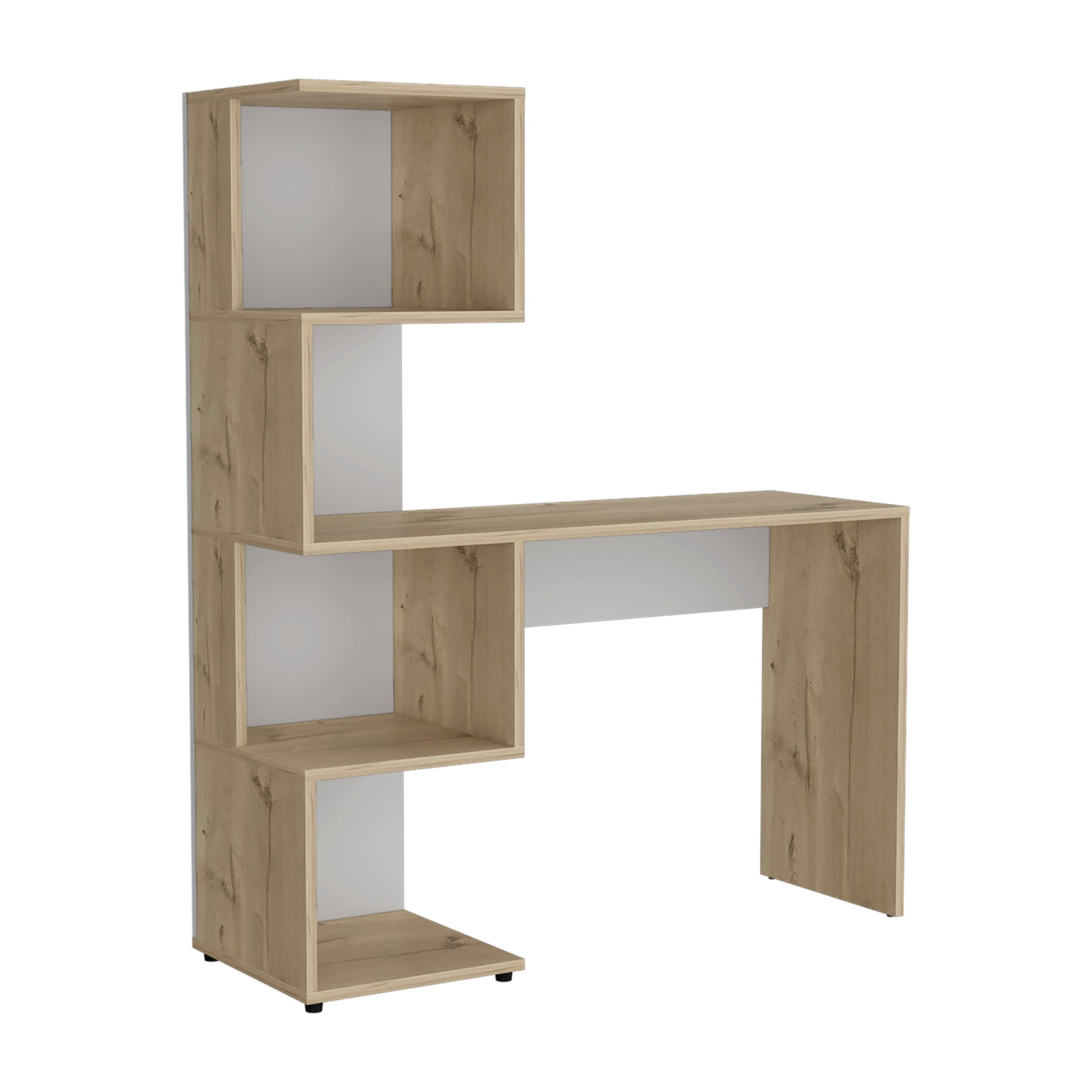 Computer Desk Jayess With Four Tier Storage Shelves, Light Oak White Light Oak Particle Board