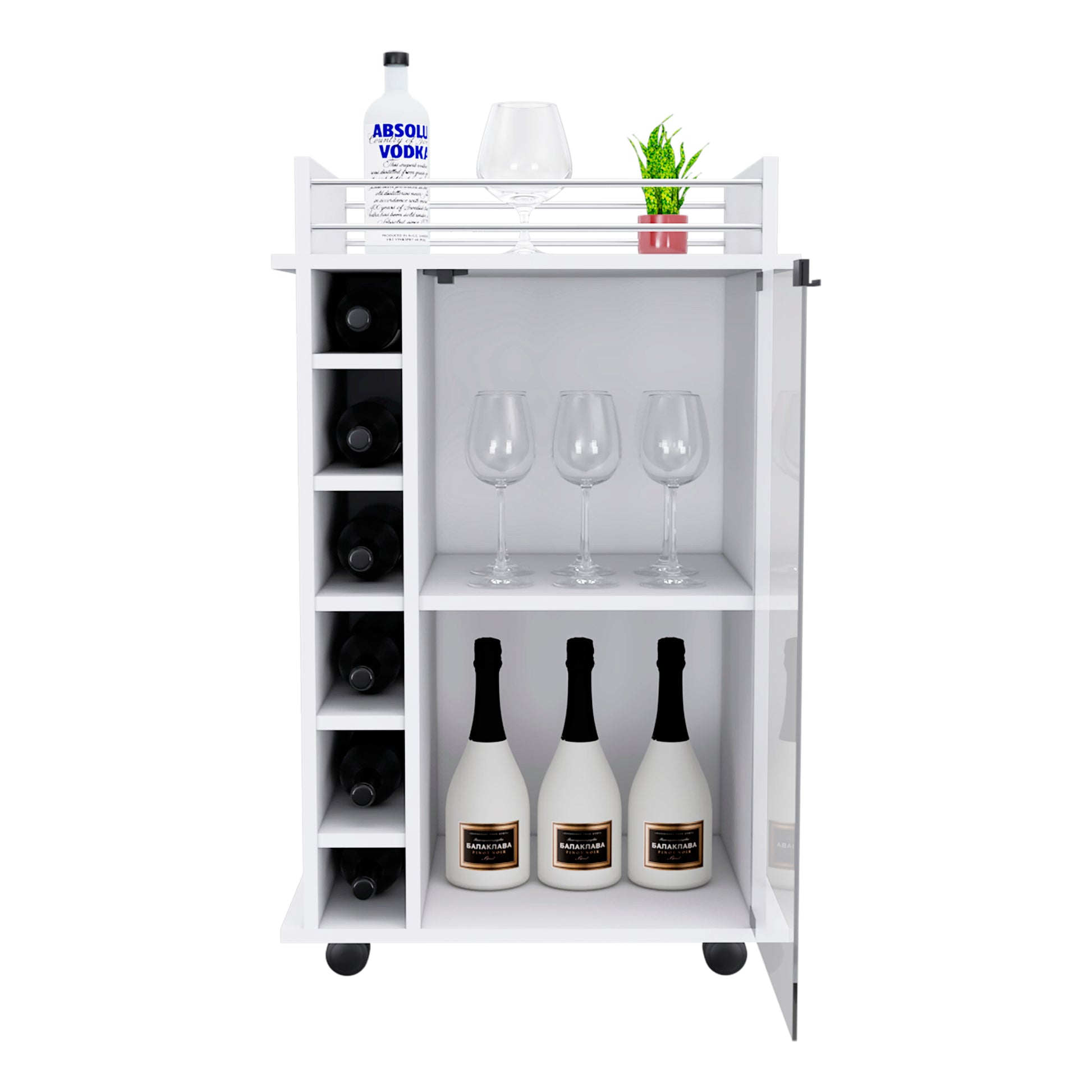 Bar Cart Baltimore, Six Wine Cubbies, Glass Door, Four Caster, Two Shelves, White Finish White Particle Board