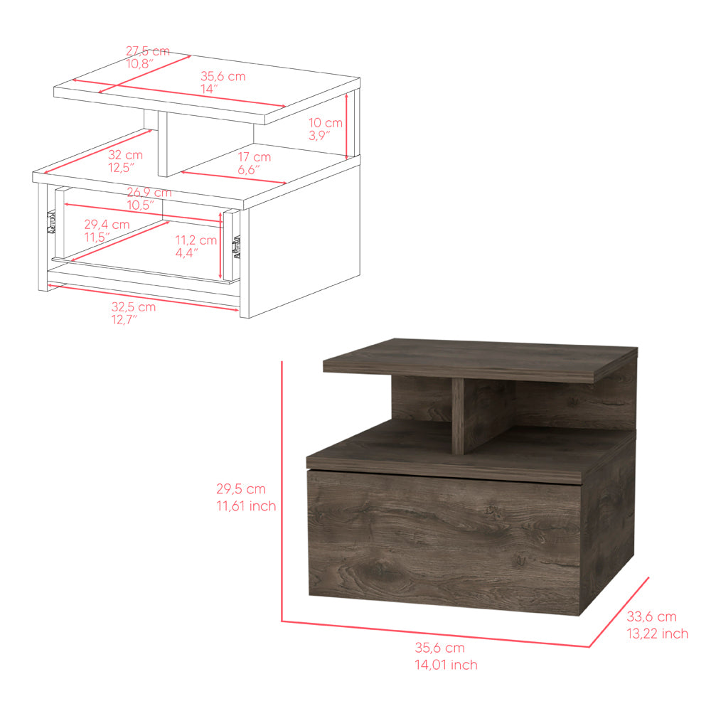 Floating Nightstand Flopini, One Drawer, Dark Walnut Finish Dark Brown Particle Board
