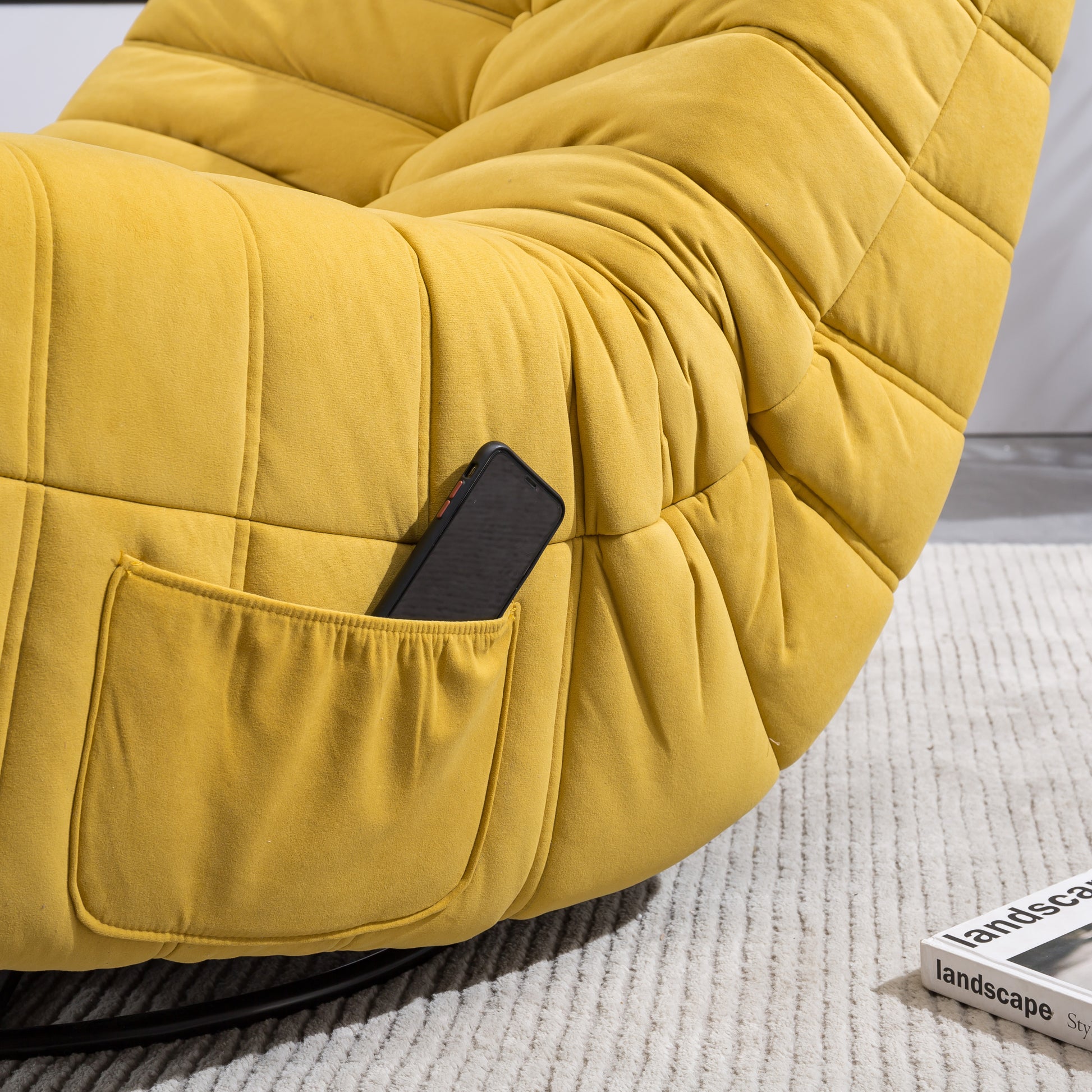 Swivel And Rocking Velvet Recliner, Reclining Chair With Adjustable Footrest And Side Pocket Yellow Velvet