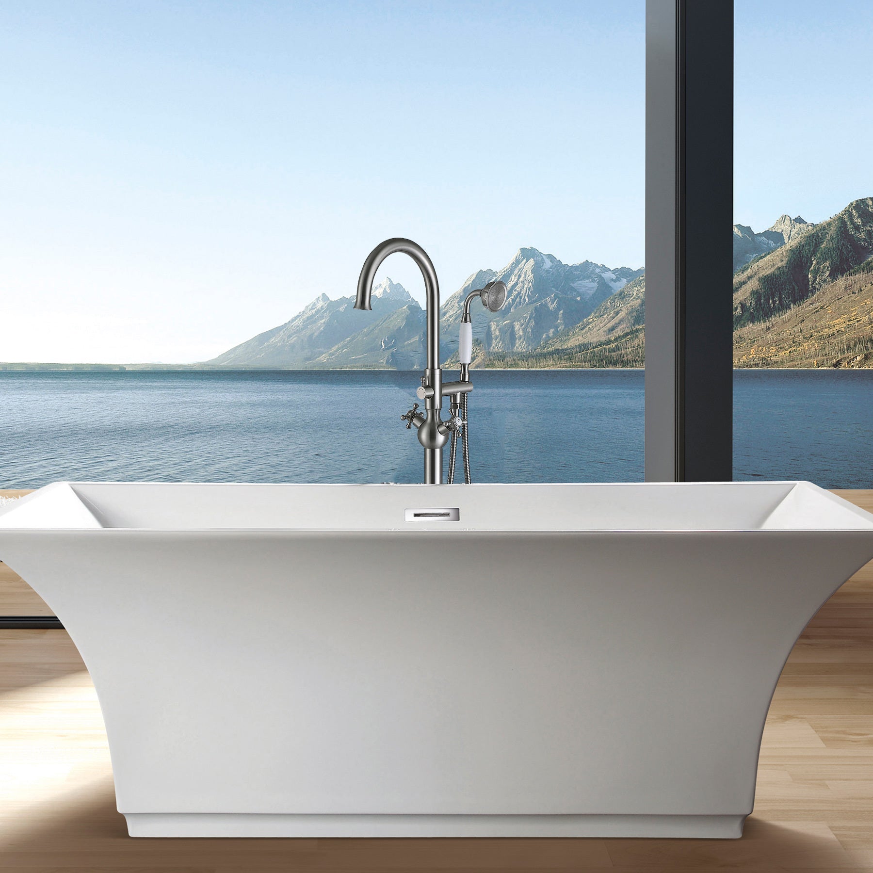 Freestanding Bathtub Faucet With Hand Shower Brushed Nickel Metal