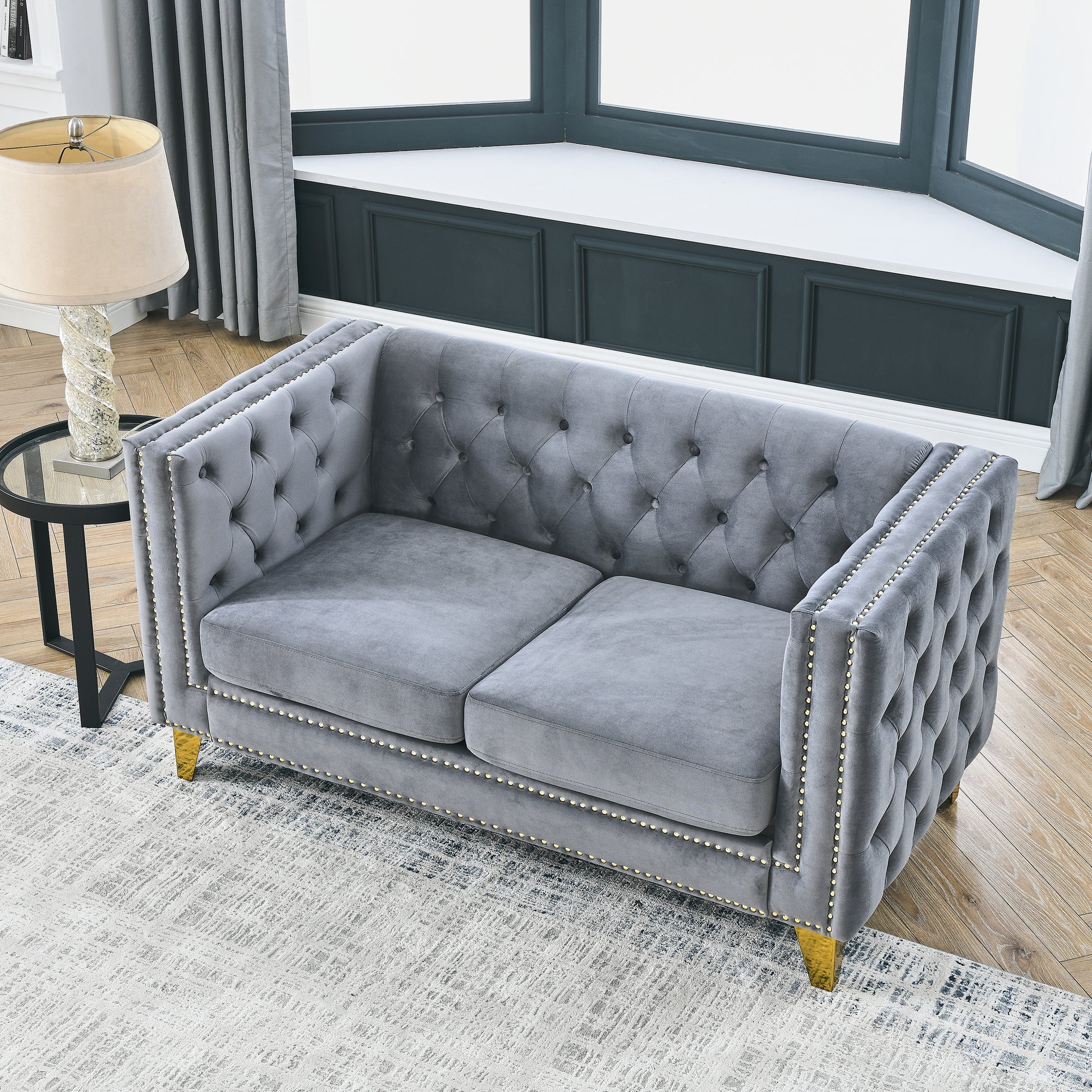 Contact Us For 3D Modeling Velvet Sofa For Living Room,Buttons Tufted Square Arm Couch, Modern Couch Upholstered Button And Metal Legs, Sofa Couch For Bedroom, Grey Velvet 2S Gray Foam Velvet