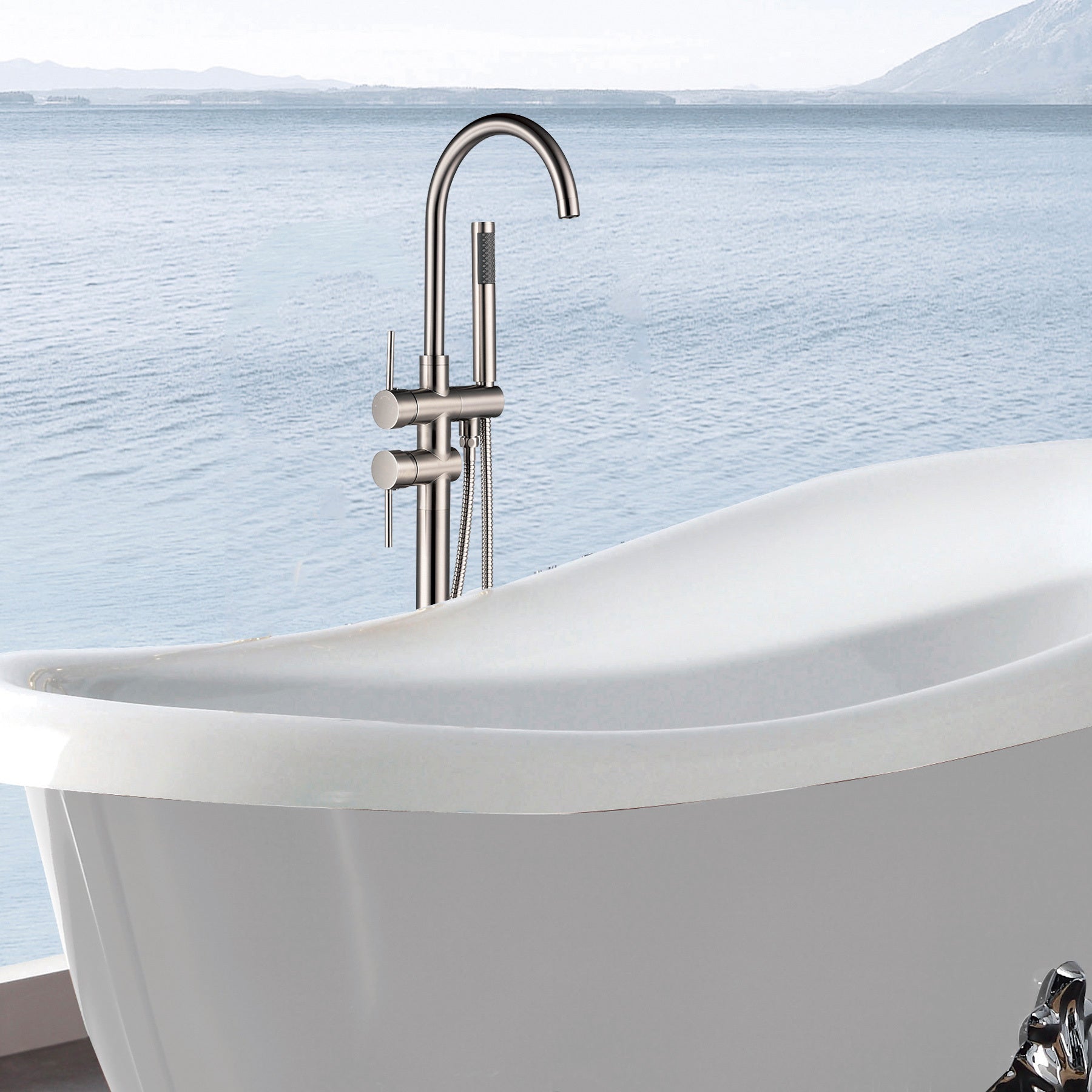 Freestanding Bathtub Faucet With Hand Shower Brushed Nickel Metal