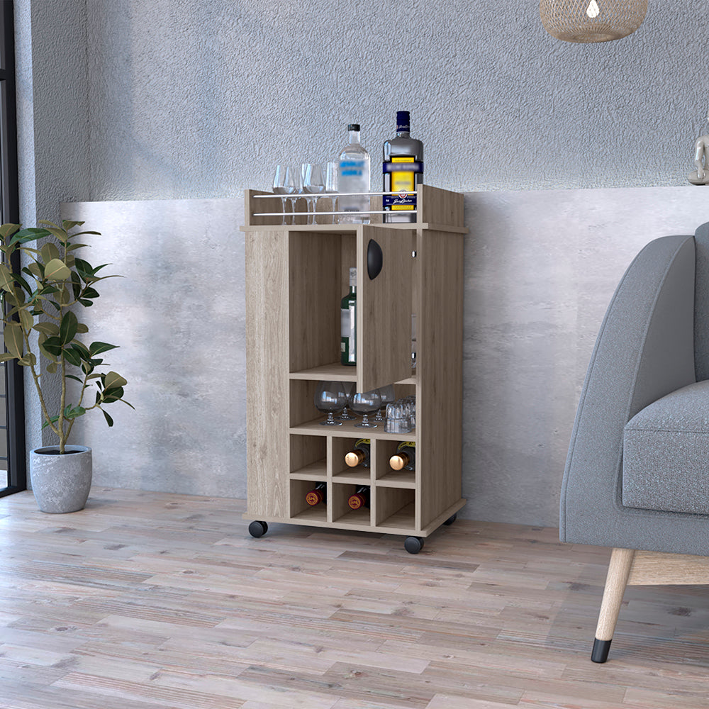 Bar Cart With Casters Reese, Six Wine Cubbies And Single Door, Light Gray Finish Light Gray Particle Board