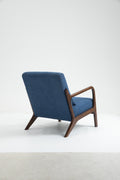 Mid Century Modern Accent Chair With Wood Frame, Upholstered Living Room Chairs With Waist Cushion, Reading Armchair For Bedroom Sunroom Blue Cotton Velvet