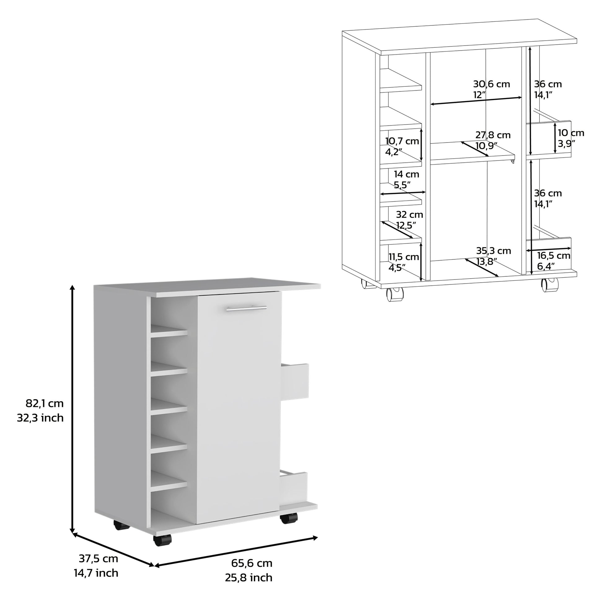 Bar Cart With Six Wine Cubbies Cabot, Two Side Storage Shelves And Casters, White Finish White Particle Board