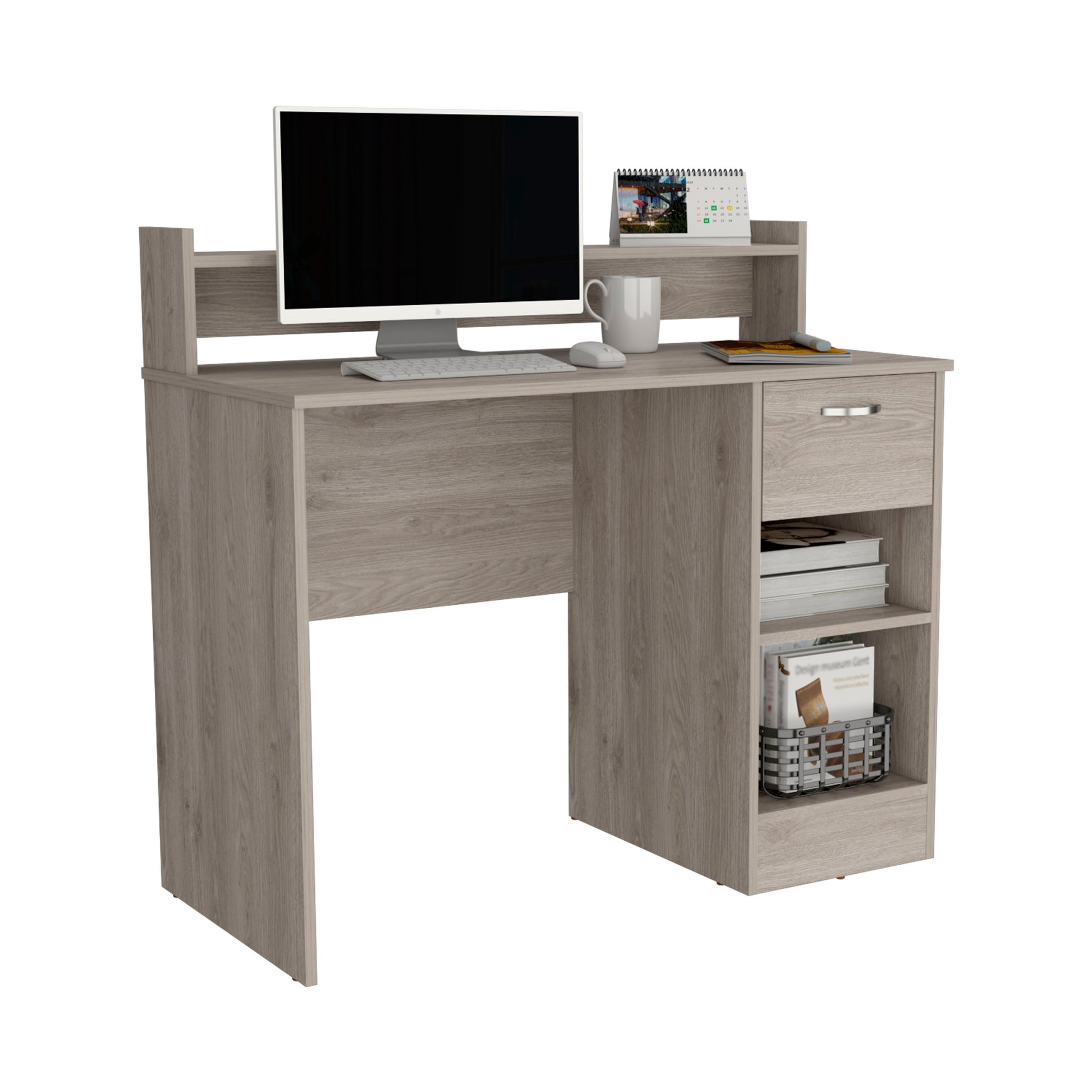 Computer Desk Delmar With Open Storage Shelves And Single Drawer, Light Gray Finish Light Gray Particle Board