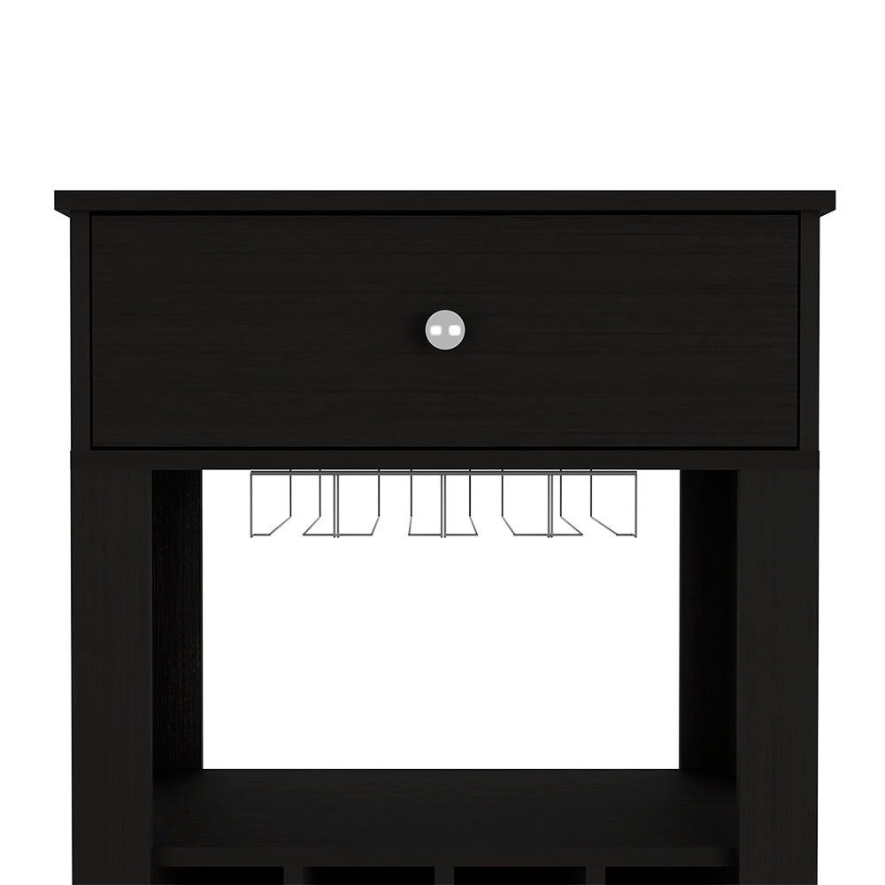 Bar Cart Bayamon, Twelve Wine Cubbies, Four Legs, Black Wengue Finish Black Particle Board