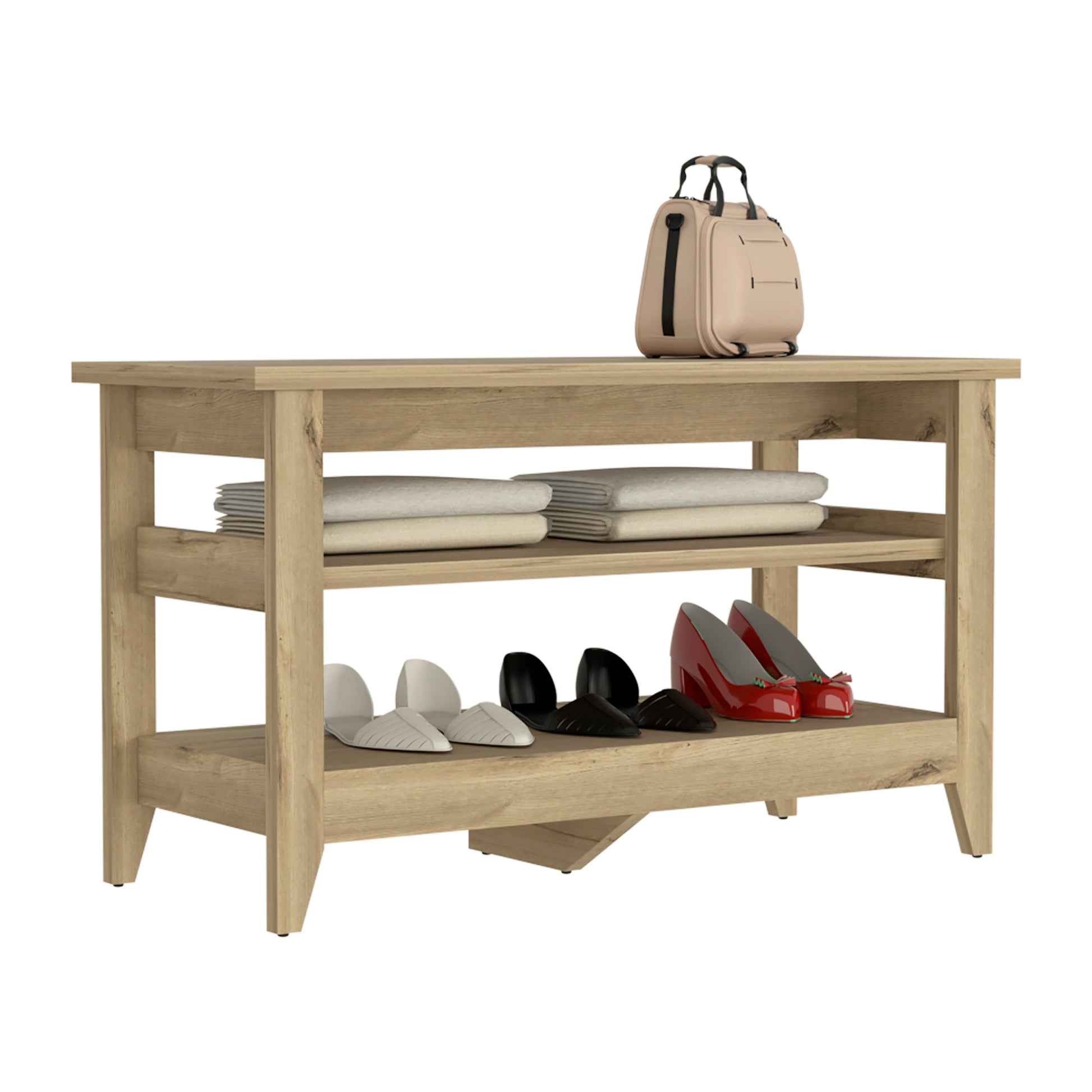 Storage Bench Susho, Upper And Lower Shelf, Light Oak Finish Light Oak Particle Board