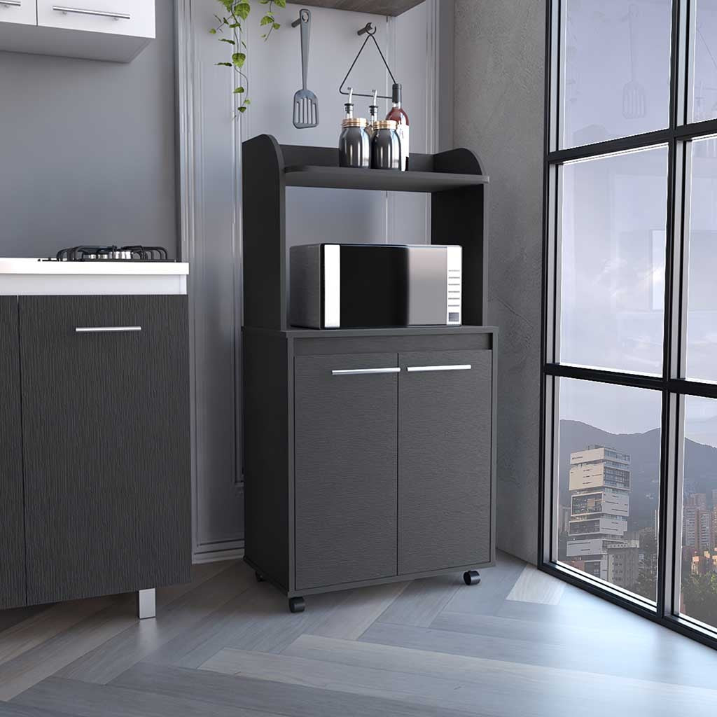 Kitchen Cart Totti, Double Door Cabinet, One Open Shelf, Two Interior Shelves, Black Wengue Finish White Particle Board