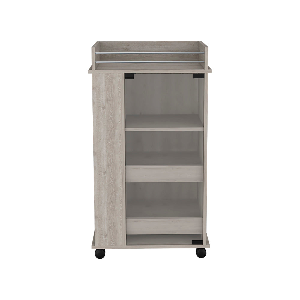 Bar Cart With Two Side Shelves Beaver, Glass Door And Upper Surface, Light Gray Finish Light Gray Particle Board