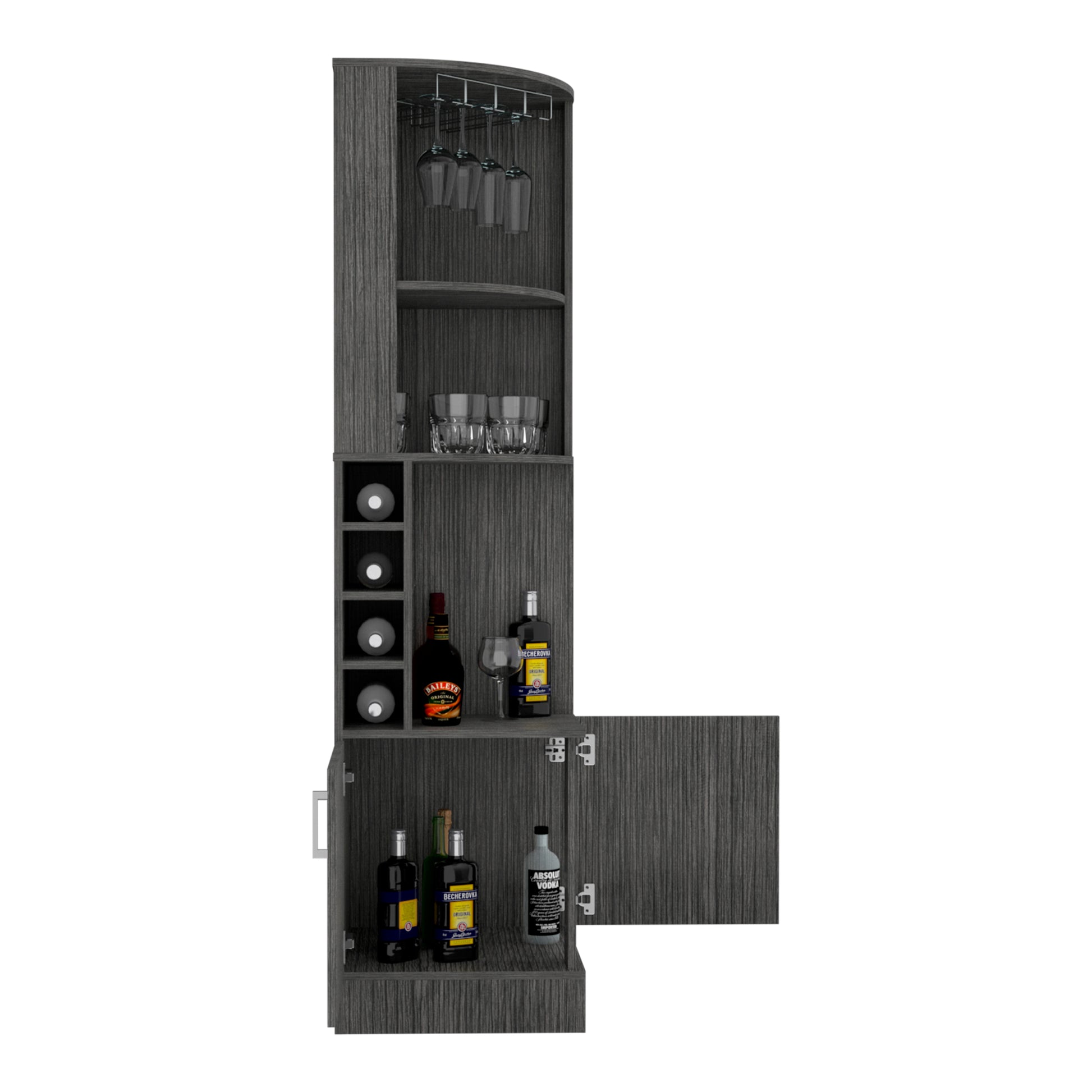 Bar Cabinet Papprika, 8 Wine Cubbies, Double Door, Smokey Oak Finish Gray Particle Board