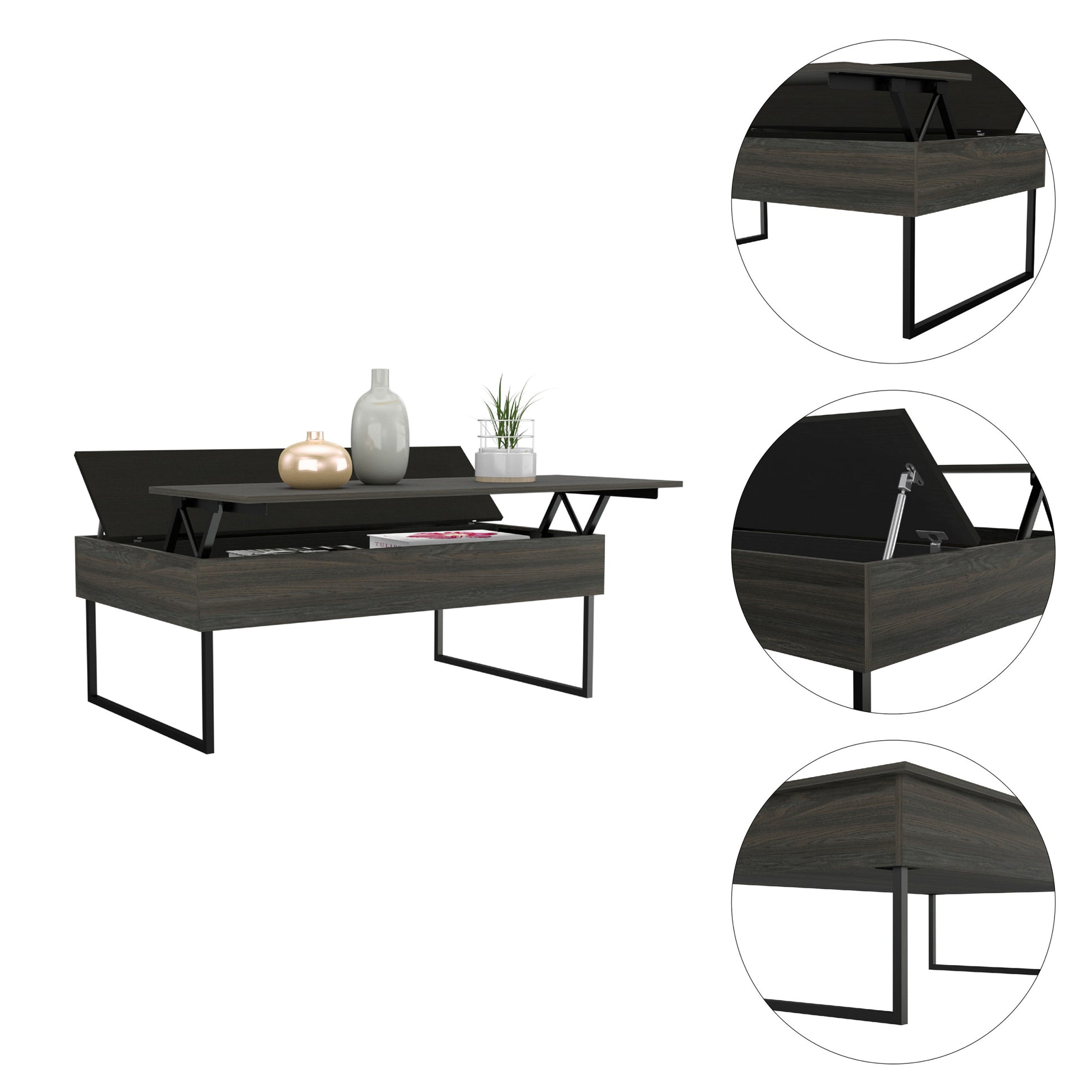 Lift Top Coffee Table Wuzz, Two Legs, Two Shelves, Carbon Espresso Black Wengue Finish Espresso Particle Board