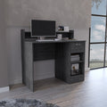 Computer Desk Delmar With Open Storage Shelves And Single Drawer, Smokey Oak Finish Gray Particle Board