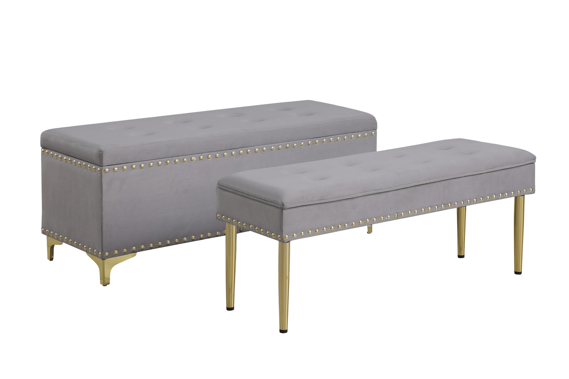 Large Storage Benches Set, Trim 2 In 1 Combination Benches, Tufted Velvet Benches With Gold Leg For Living Room, Entryway, Hallway, Bedroom Support 250Lbs Light Gray Fabric