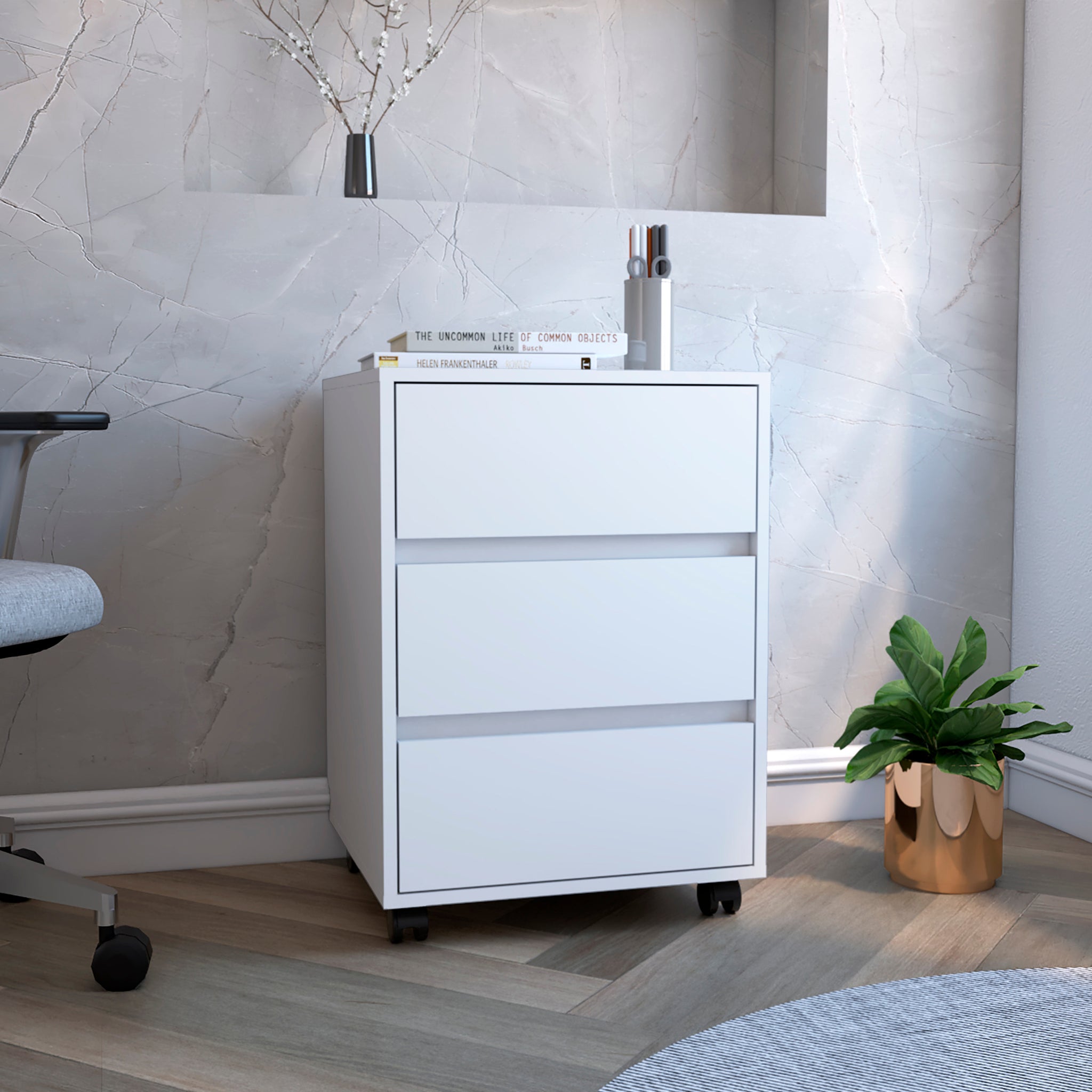 Three Drawers Bang, Filing Cabinet, Roller Blade Glide, White Finish White Particle Board