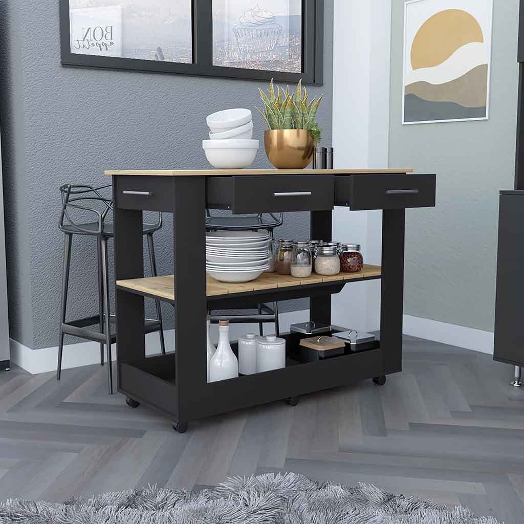 Kitchen Island 46 Inches Dozza, Two Drawers, Black Wengue Light Oak Finish Light Oak Particle Board