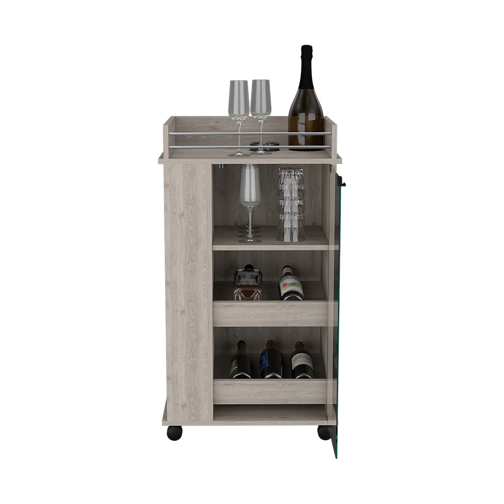 Bar Cart With Two Side Shelves Beaver, Glass Door And Upper Surface, Light Gray Finish Light Gray Particle Board