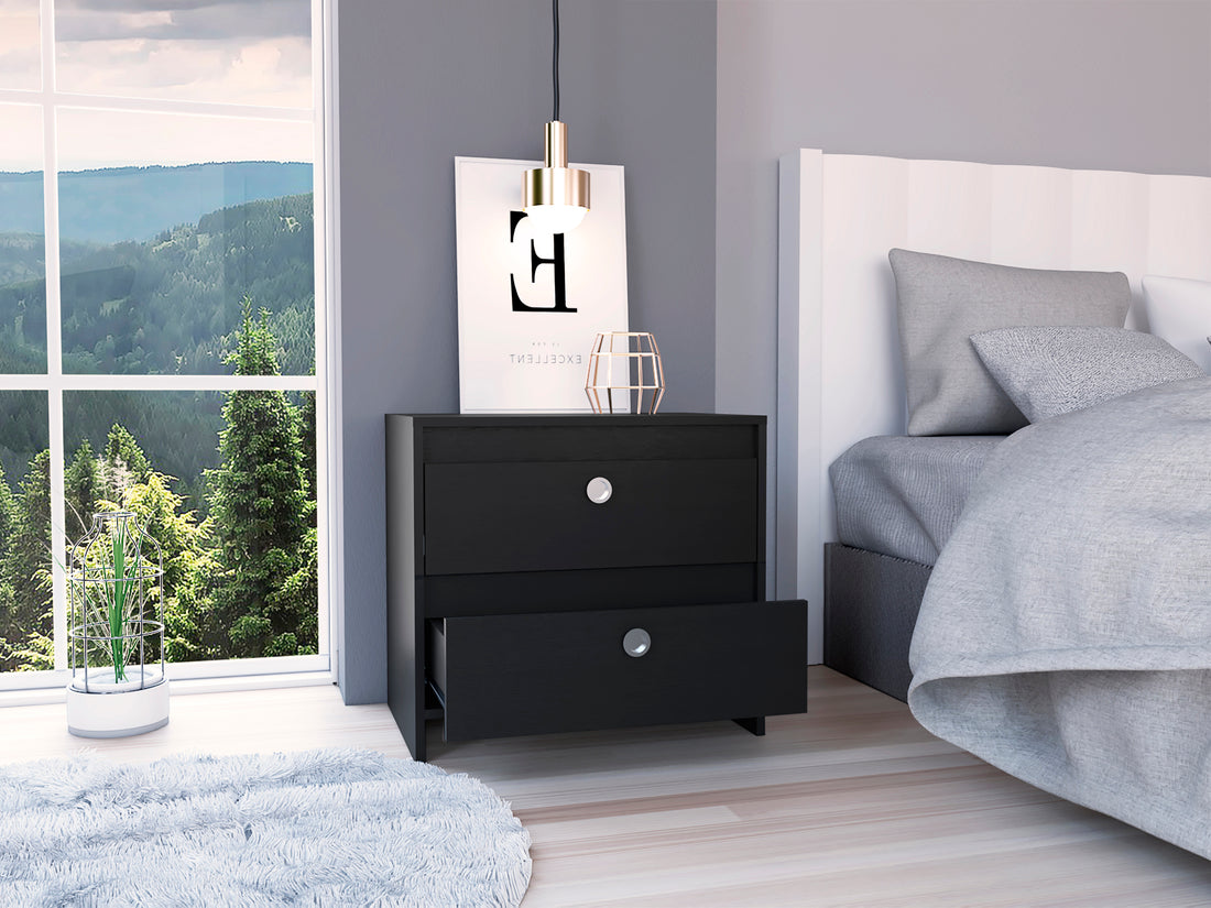 Nightstand Dreams, Two Drawers, Black Wengue Finish Black Particle Board