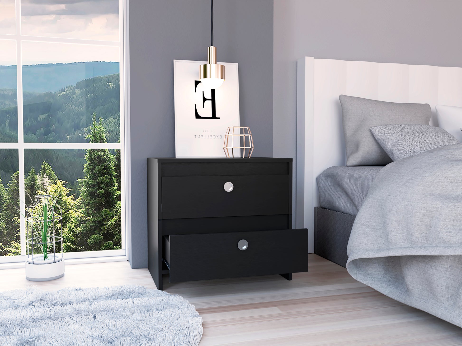 Nightstand Dreams, Two Drawers, Black Wengue Finish Black Particle Board