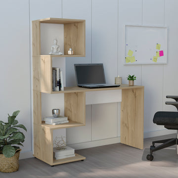 Computer Desk Jayess With Four Tier Storage Shelves, Light Oak White Light Oak Particle Board