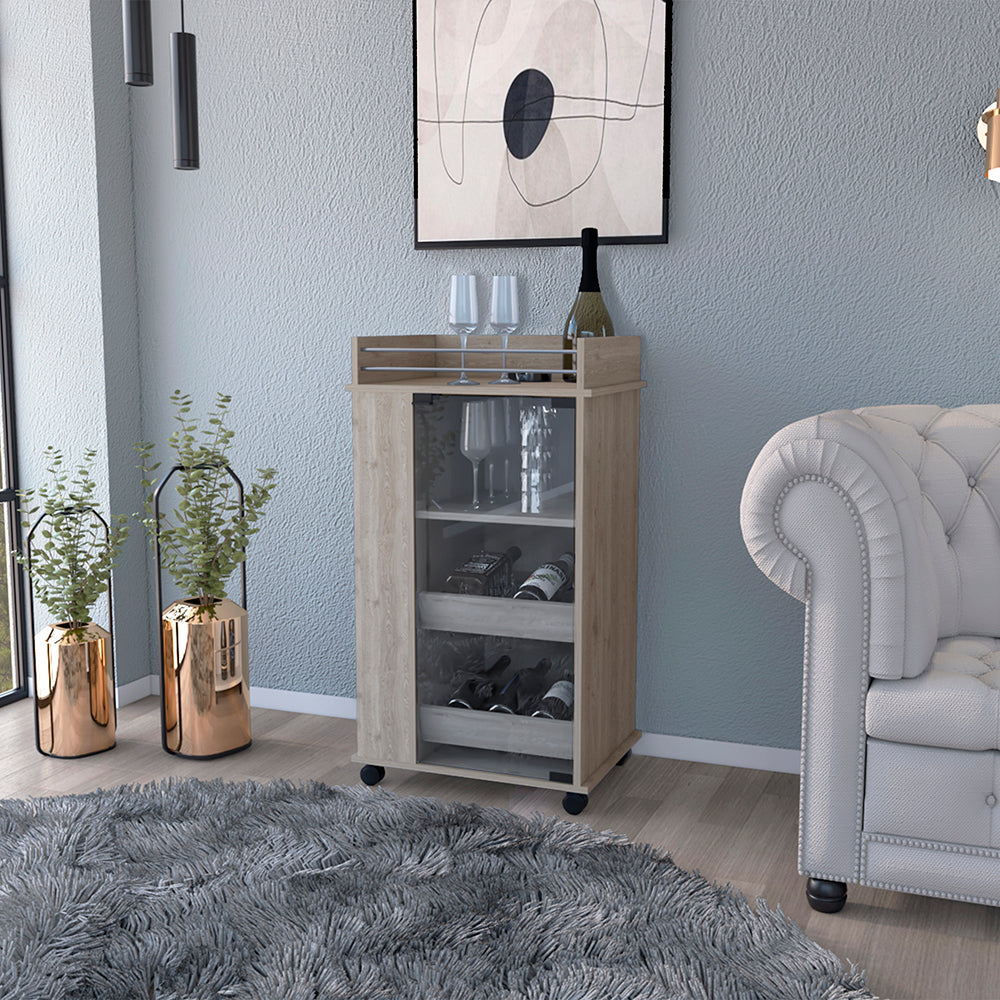 Bar Cart With Two Side Shelves Beaver, Glass Door And Upper Surface, Light Gray Finish Light Gray Particle Board