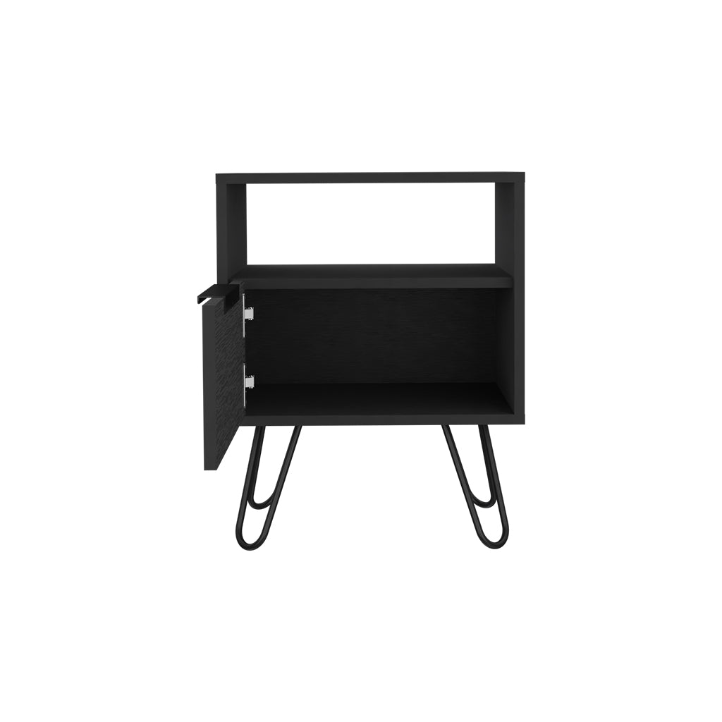 Nightstand Skyoner, Single Drawer, Hairpin Legs, Black Wengue Finish Black Particle Board