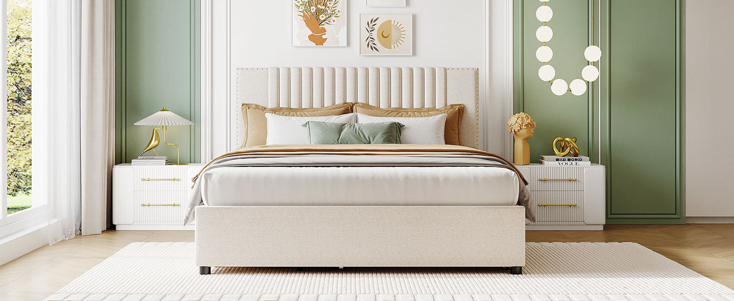 Queen Size Upholstered Platform Bed With 2 Drawers And 1 Twin Xl Trundle, Classic Headboard Design, Beige Beige Linen