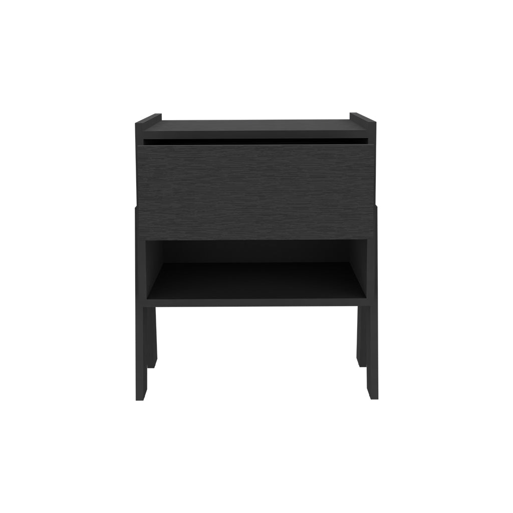 Nightstand Ferku, Open Shelf, One Drawer, Black Wengue Finish Black Particle Board