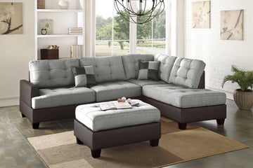 Contemporary Sectional Sofa Grey Polyfiber Linen Like Fabric Cushion Tufted Reversible 3Pc Sectional Sofa L R Chaise Ottoman Living Room Furniture Pillows Grey Primary Living Space Cushion Back Contemporary,Modern L Shaped Square Arms Fabric 5 Seat