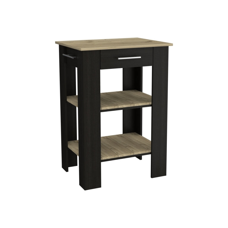 Kitchen Island 23 Inches Dozza With Single Drawer And Two Tier Shelves, Black Wengue Light Oak Finish Light Oak Particle Board