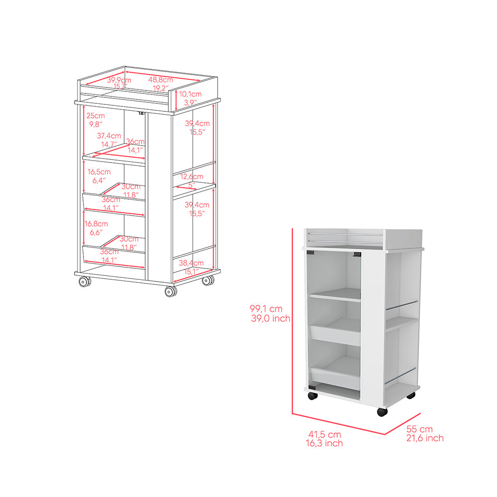 Bar Cart With Two Side Shelves Beaver, Glass Door And Upper Surface, White Finish White Particle Board