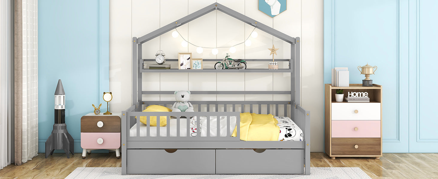 Wooden Full Size House Bed With 2 Drawers,Kids Bed With Storage Shelf, Gray Gray Wood