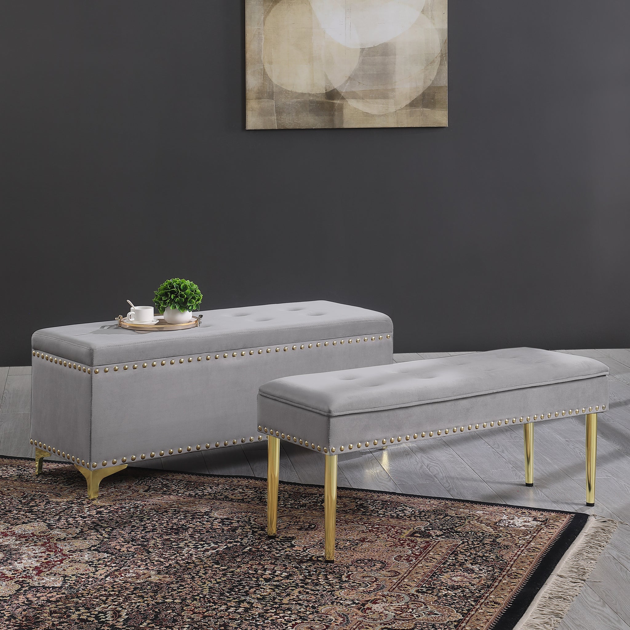 Large Storage Benches Set, Trim 2 In 1 Combination Benches, Tufted Velvet Benches With Gold Leg For Living Room, Entryway, Hallway, Bedroom Support 250Lbs Light Gray Fabric