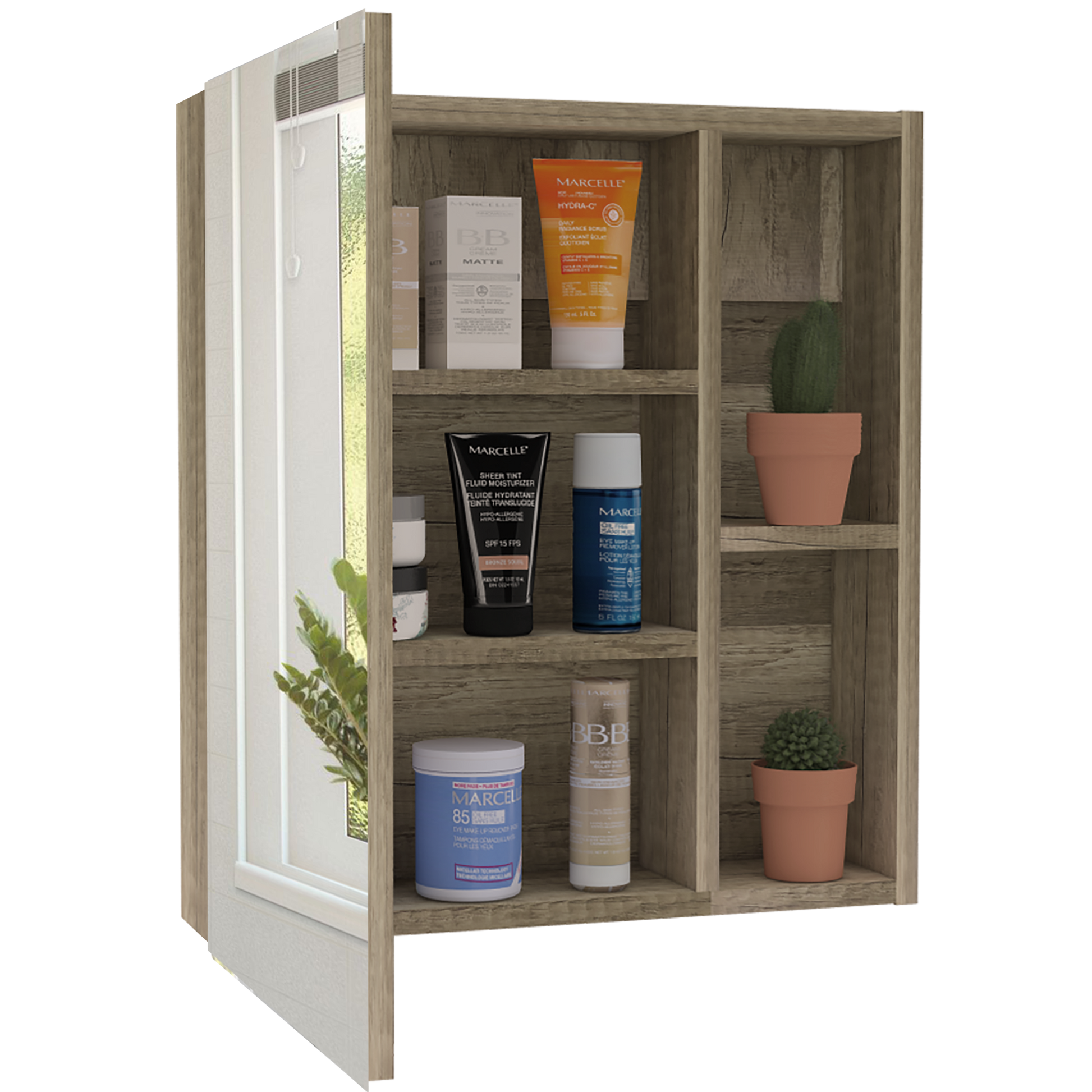 Medicine Cabinet Mirror Clifton, Five Internal Shelves, Pine Finish Walnut Particle Board