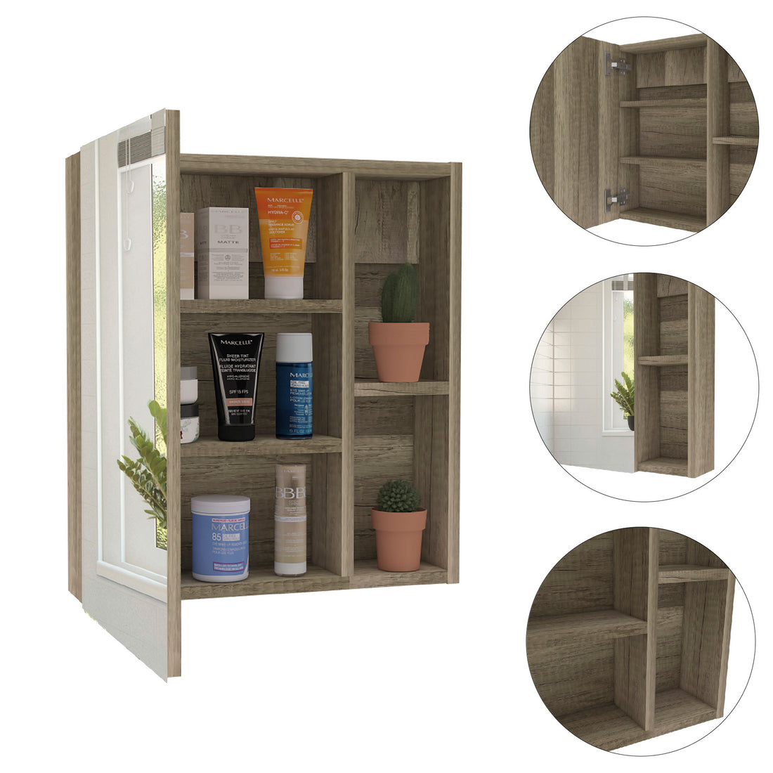 Medicine Cabinet Mirror Clifton, Five Internal Shelves, Pine Finish Walnut Particle Board