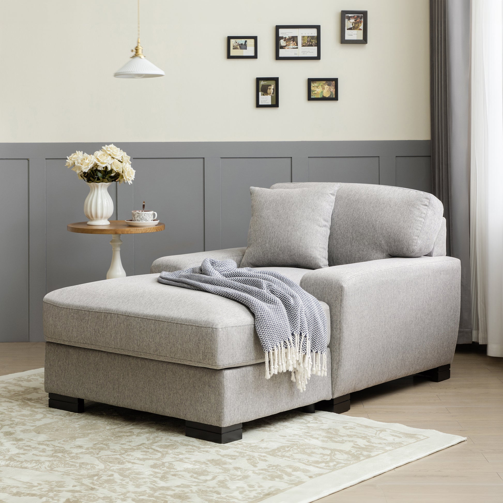 Modern Mid Century Indoor Oversized Chaise Lounger Comfort Sleeper Sofa With Pillow And Soild Wood Legs, Linen, Gray Gray Linen