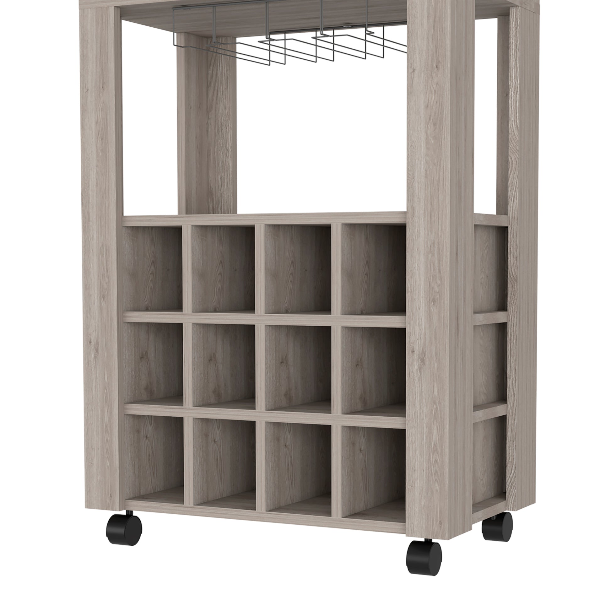 Bar Cart Bayamon, Twelve Wine Cubbies, Four Legs, Light Gray Finish Light Gray Particle Board
