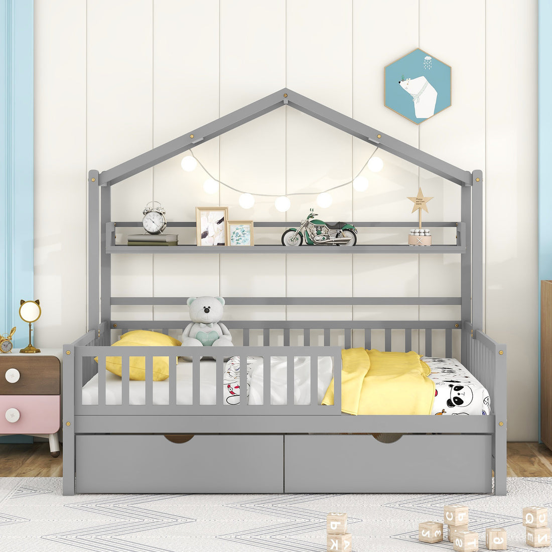 Wooden Full Size House Bed With 2 Drawers,Kids Bed With Storage Shelf, Gray Gray Wood