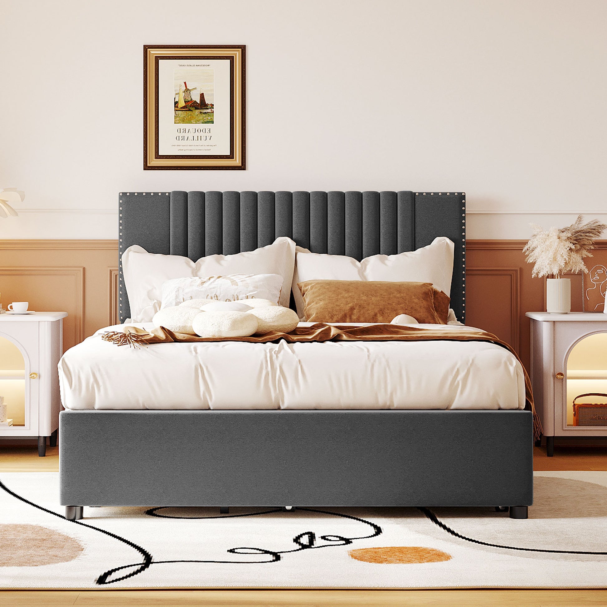 Full Size Upholstered Platform Bed With 2 Drawers And 1 Twin Size Trundle, Classic Headboard Design, Gray Gray Linen
