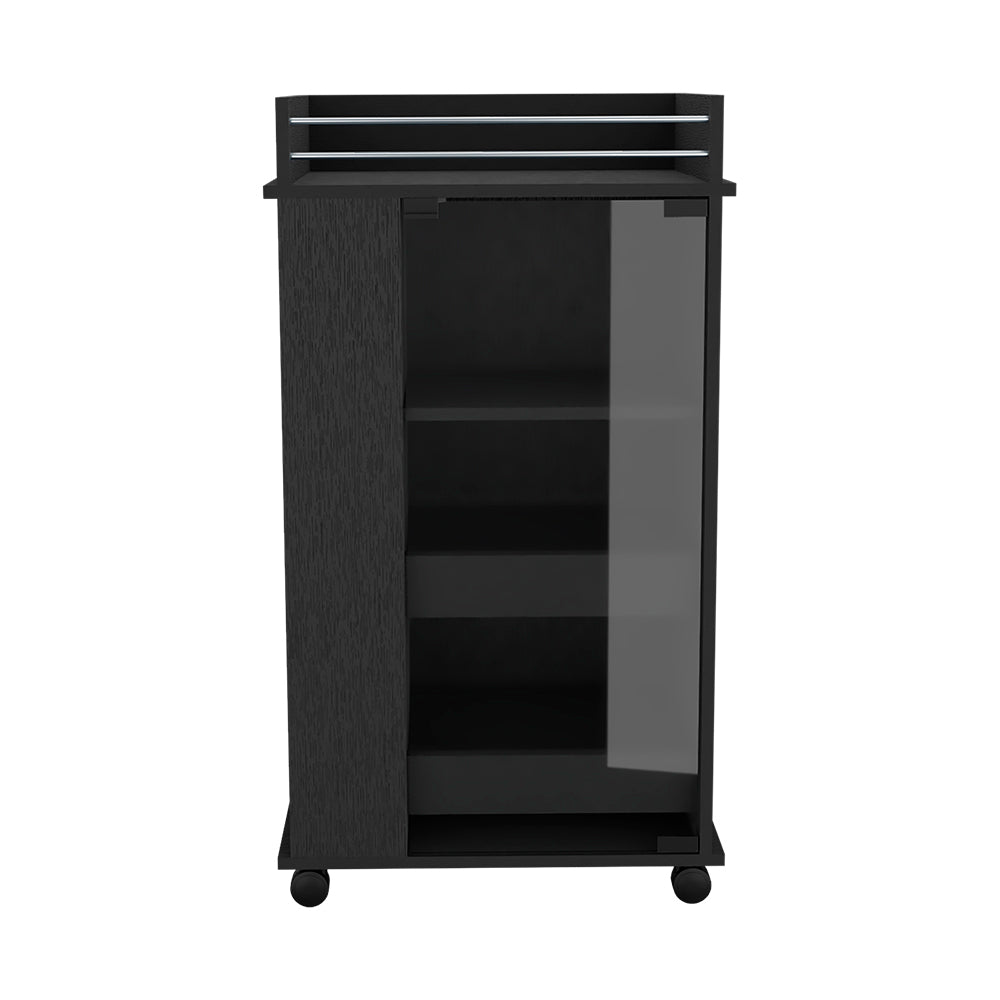 Bar Cart With Two Side Shelves Beaver, Glass Door And Upper Surface, Black Wengue Finish Black Particle Board