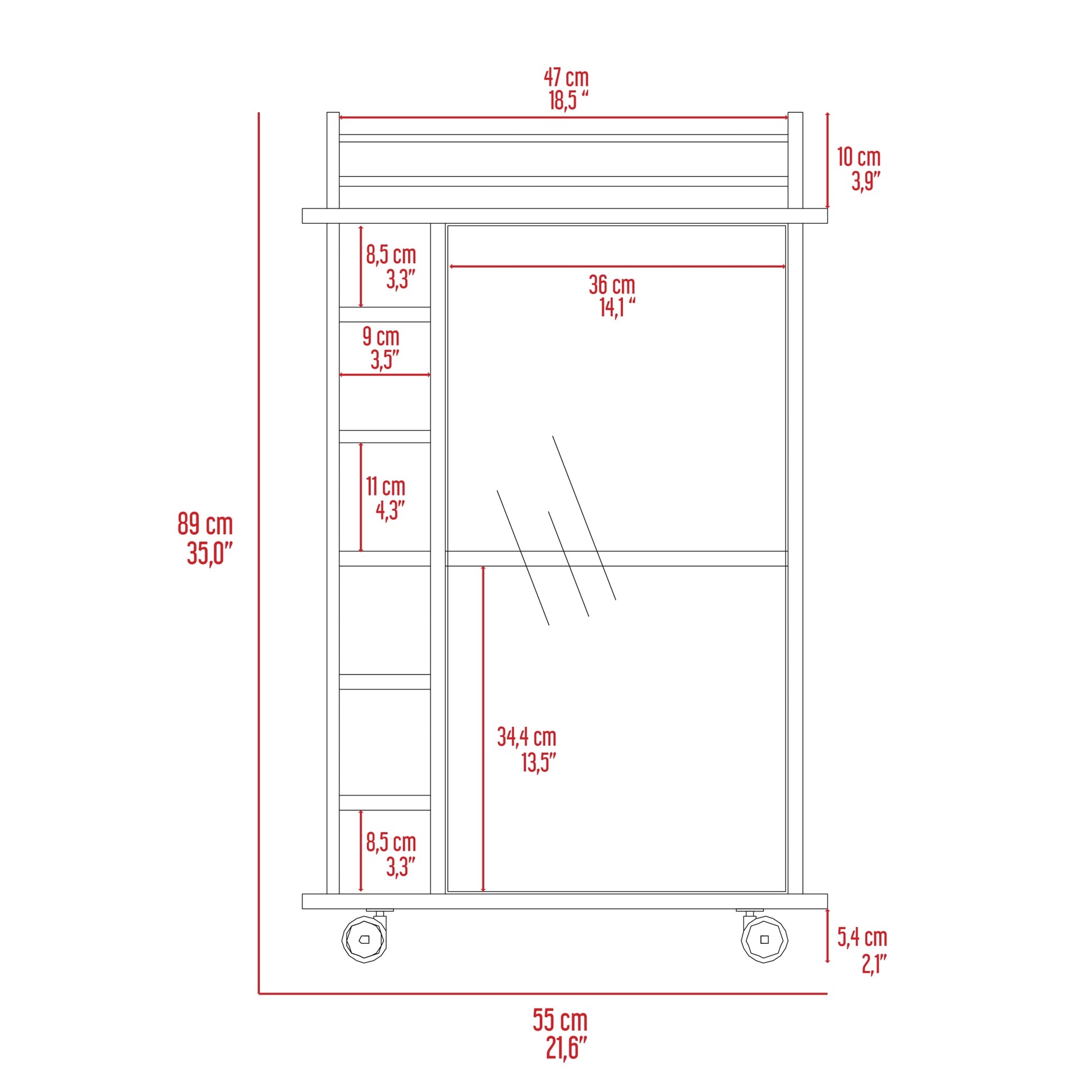 Bar Cart Baltimore, Six Wine Cubbies, Glass Door, Four Caster, Two Shelves, White Finish White Particle Board