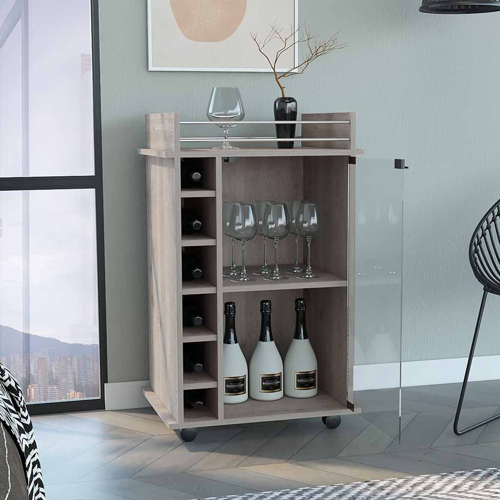 Bar Cart Baltimore, Six Wine Cubbies, Light Gray Finish Light Gray Particle Board