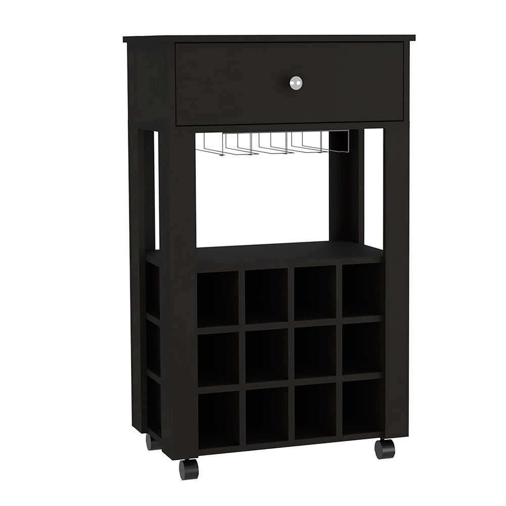 Bar Cart Bayamon, Twelve Wine Cubbies, Four Legs, Black Wengue Finish Black Particle Board