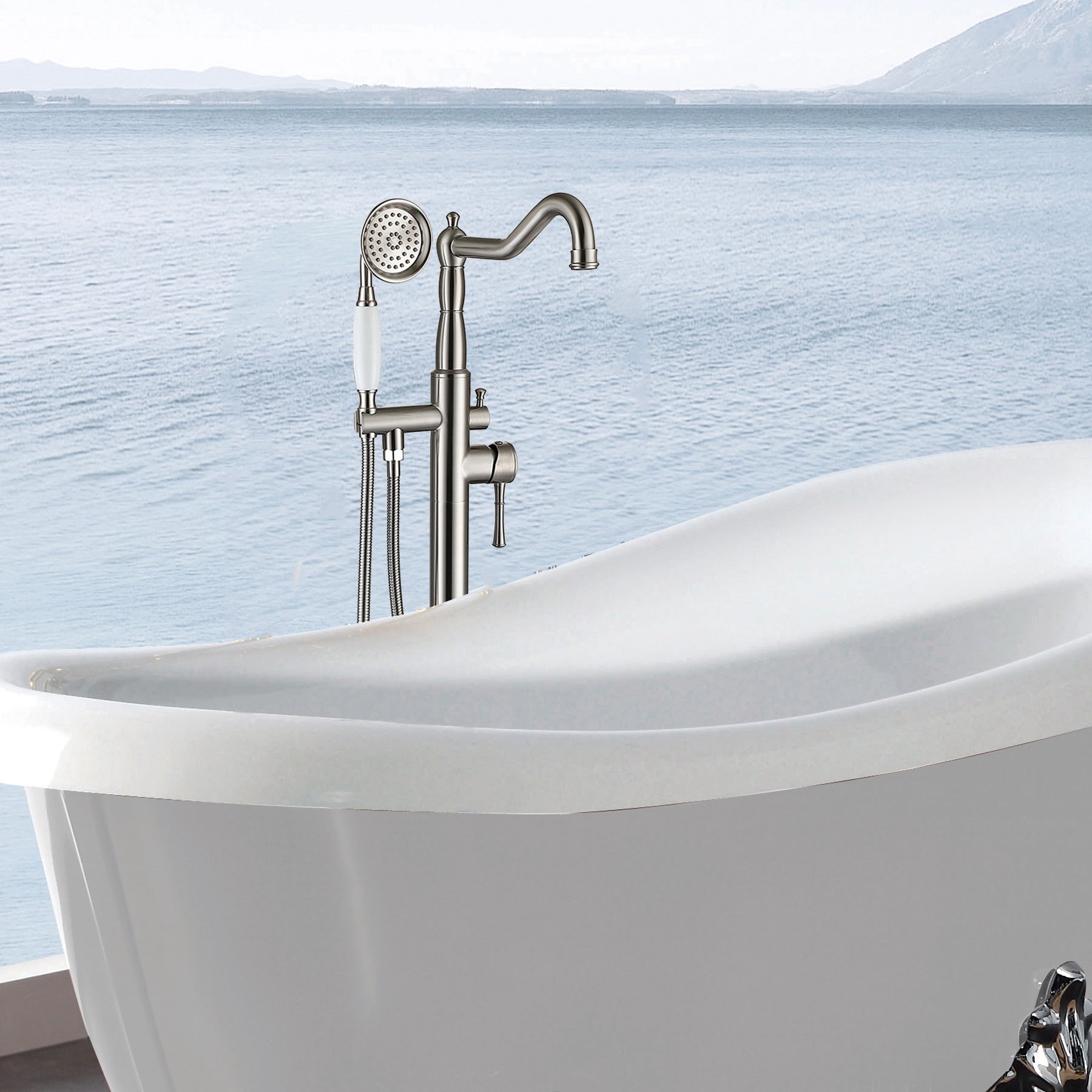 Freestanding Bathtub Faucet With Hand Shower Brushed Nickel Metal