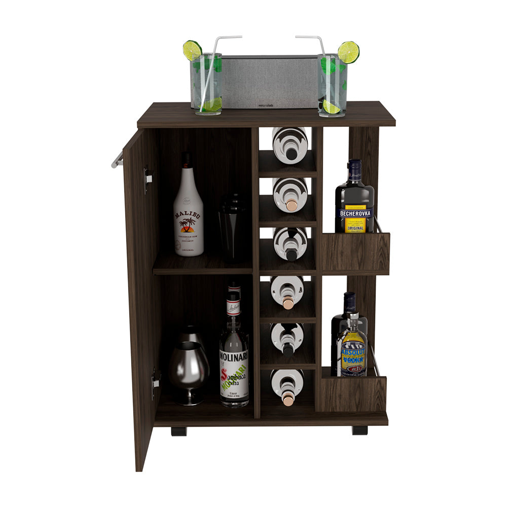 Bar Cart Wells, Four Casters, Dark Walnut Finish Walnut Particle Board