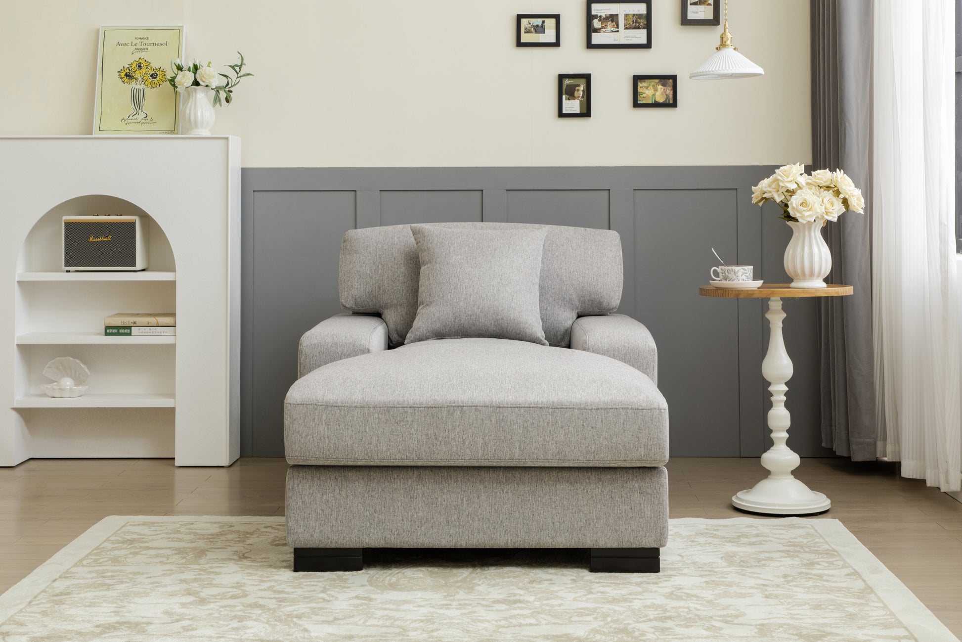 Modern Mid Century Indoor Oversized Chaise Lounger Comfort Sleeper Sofa With Pillow And Soild Wood Legs, Linen, Gray Gray Linen
