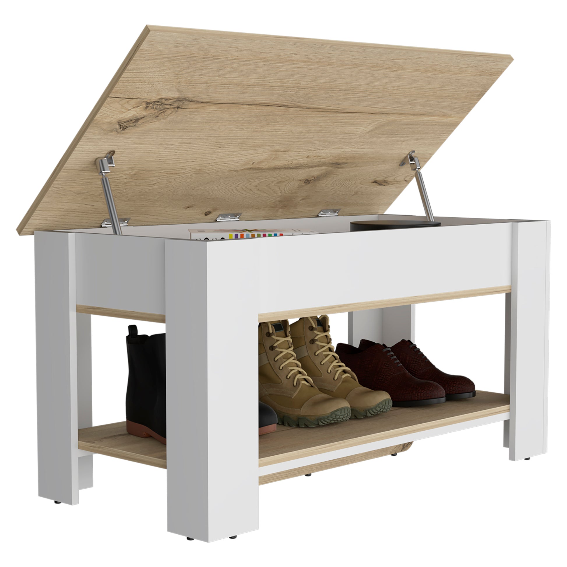 Storage Table Polgon, Extendable Table Shelf, Lower Shelf, Light Oak White Finish Light Oak Particle Board