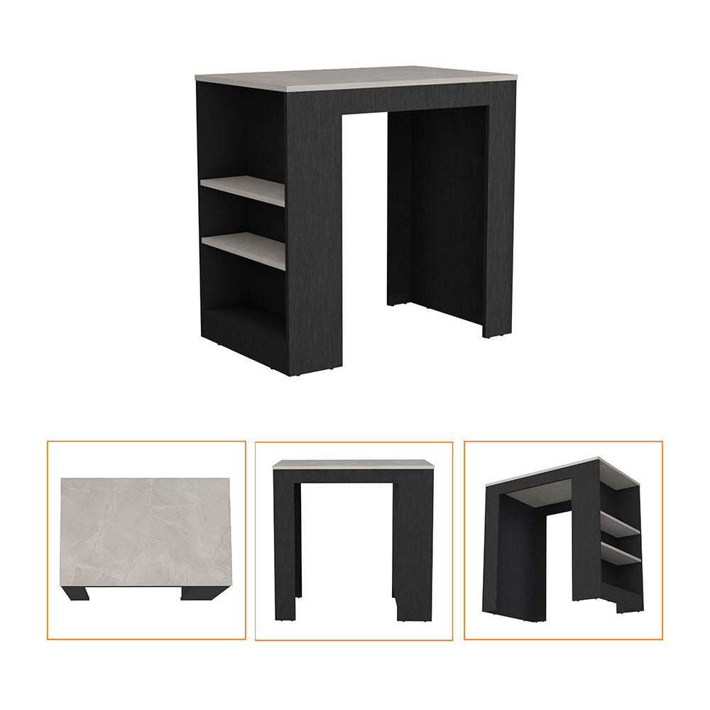 Kitchen Island Doyle, Three Side Shelves, Black Ibiza Marble Color Finish Black Particle Board